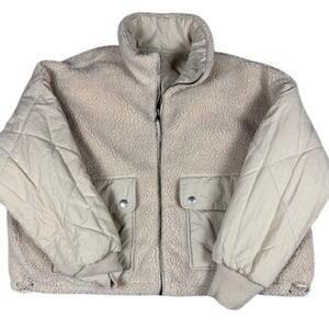 American Eagle Reversible Sherpa Quilted Bomber Jacket Cream Womens L 0103-1577